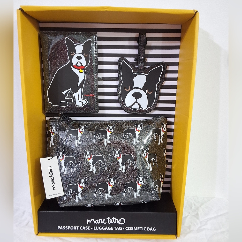 NEW Marc Tetro Boston Terrier 3 PC Set Passport Case, Luggage Tag,& Cosmetic Bag